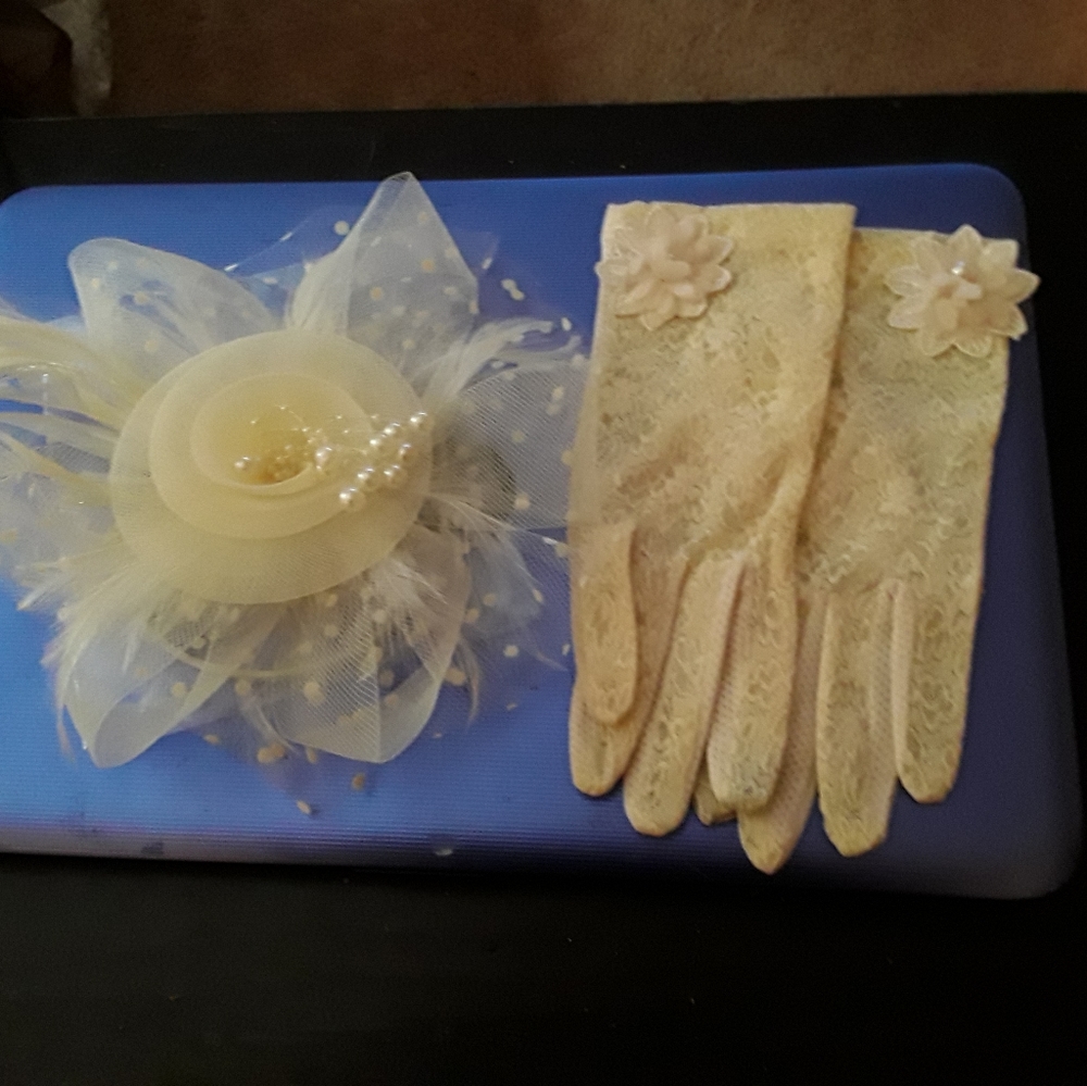 Bridal Headpiece with lace gloves . Ivory in color